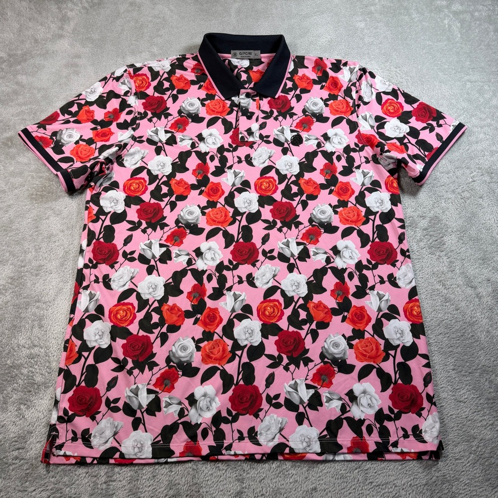 G/FORE Polo Shirt Mens XL Pink Roses Floral Print Performance Golf Short Sleeve